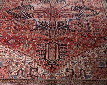 Vintage Red and Navy Geometric Medallion Wool Rug, Hand-Knotted, 9' 10" x 12' 11"