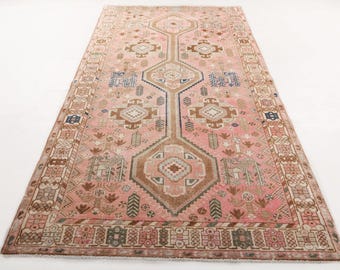 Vintage Faded Pink Geometric Wool Rug, Hand-Knotted, 4' 9" x 9' 5"