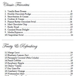 Puede incluir: Un men&uacute; con dos secciones: "Sabores Cl&aacute;sicos" y "Afrutado y Refrescante". Los "Sabores Cl&aacute;sicos" incluyen Vanilla Bean Dream, Double Chocolate Fudge y Rocky Road. "Afrutado y Refrescante" enumera Mango Lassi, Blueberry Lemon Zest, y m&aacute;s.