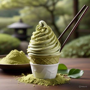 Puede incluir: Un cono de helado de t&eacute; verde matcha en una taza blanca, con una base de cono de gofre. El helado est&aacute; espolvoreado con polvo de matcha y se sirve con palillos. Un mont&oacute;n de polvo de matcha est&aacute; en un cuenco cercano.