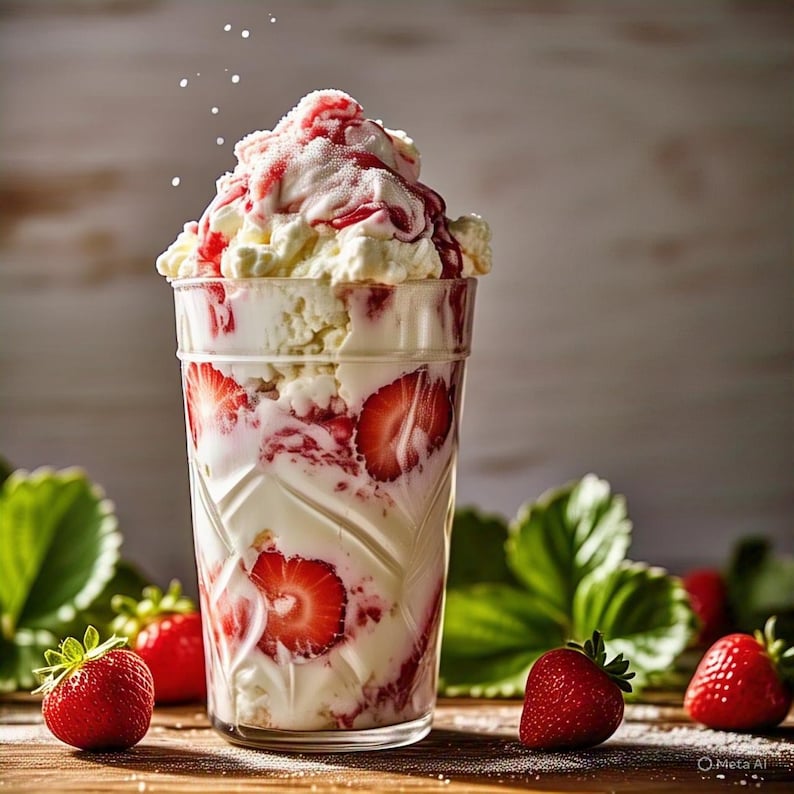 Puede incluir: Un vaso alto lleno de capas de helado de vainilla y fresas frescas. El postre est&aacute; cubierto con crema batida y salsa de fresa. Fresas frescas y hojas verdes est&aacute;n esparcidas alrededor del vaso sobre una superficie de madera.