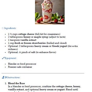 Puede incluir: Un postre de helado en capas con fresas y crema, presentado en un vaso alto. La imagen muestra rodajas de fresas rojas y una base blanca cremosa, adornada con fresas frescas y hojas verdes. La receta incluye reques&oacute;n, miel y extracto de vainilla.