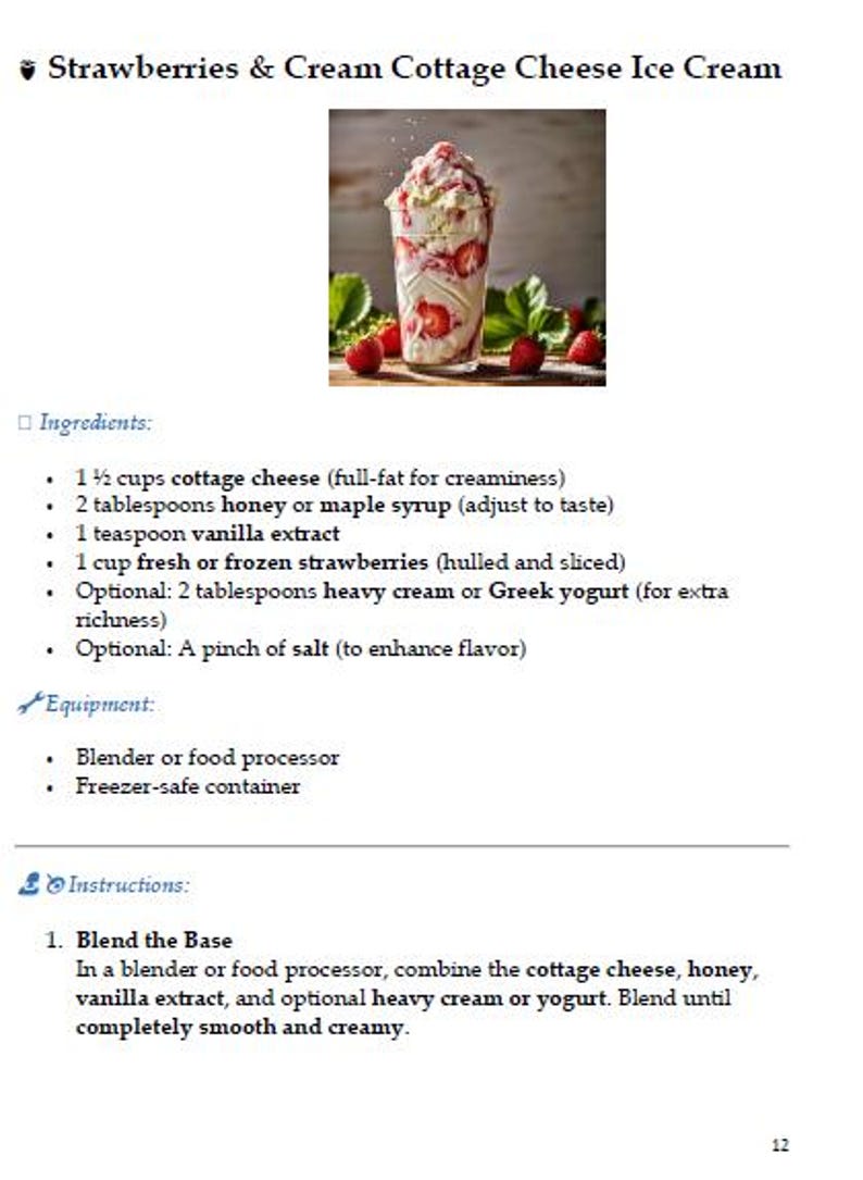 Puede incluir: Un postre de helado en capas con fresas y crema, presentado en un vaso alto. La imagen muestra rodajas de fresas rojas y una base blanca cremosa, adornada con fresas frescas y hojas verdes. La receta incluye reques&oacute;n, miel y extracto de vainilla.