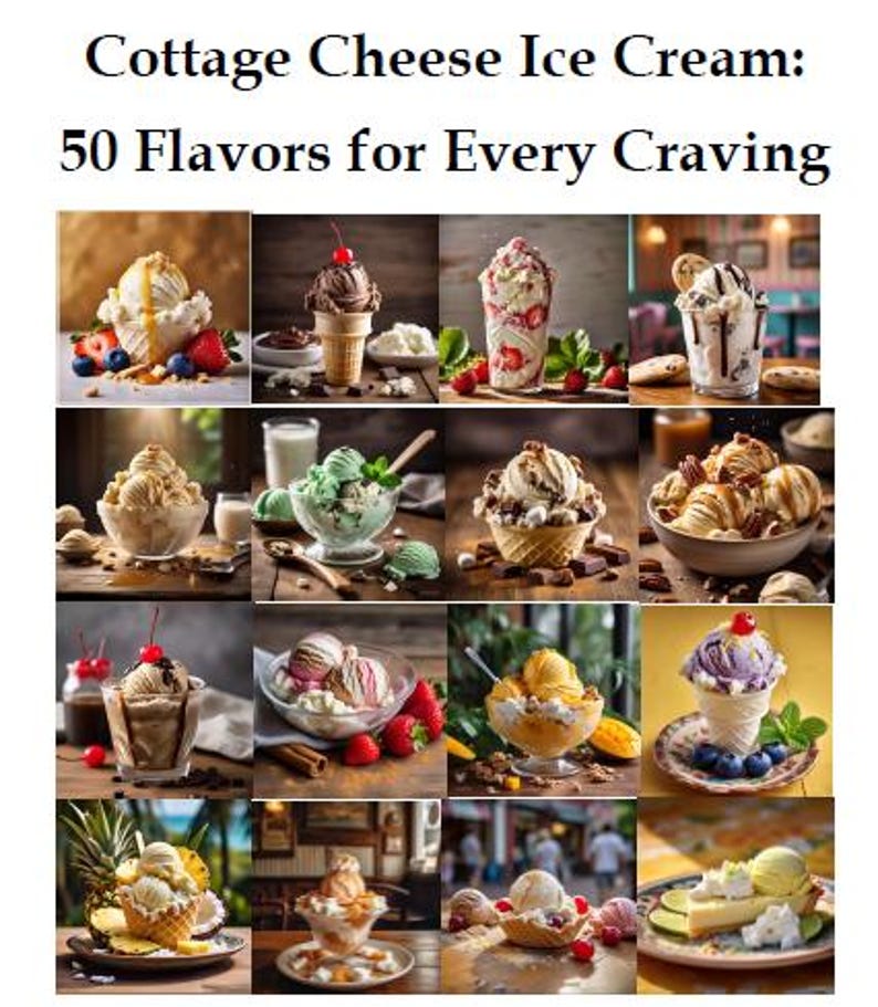 Puede incluir: Un collage de im&aacute;genes de helados, mostrando varios sabores y presentaciones. El texto en la parte superior dice "Cottage Cheese Ice Cream: 50 Flavors for Every Craving". Cada imagen presenta helado con ingredientes.