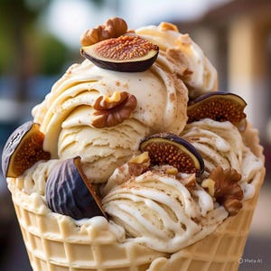 Puede incluir: Primer plano de un cono de helado de vainilla cubierto con higos frescos y nueces. El helado est&aacute; arremolinado y rociado con un aderezo marr&oacute;n claro. El cono de gofre es de color marr&oacute;n claro.