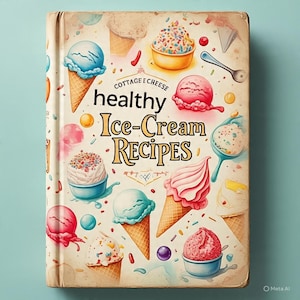 Puede incluir: Un libro de cocina de estilo vintage titulado "healthy Ice-Cream Recipes" con ilustraciones de conos y cuencos de helado. La portada presenta varios sabores de helado en tonos de azul, rosa y blanco, con chispas y un fondo azul claro.