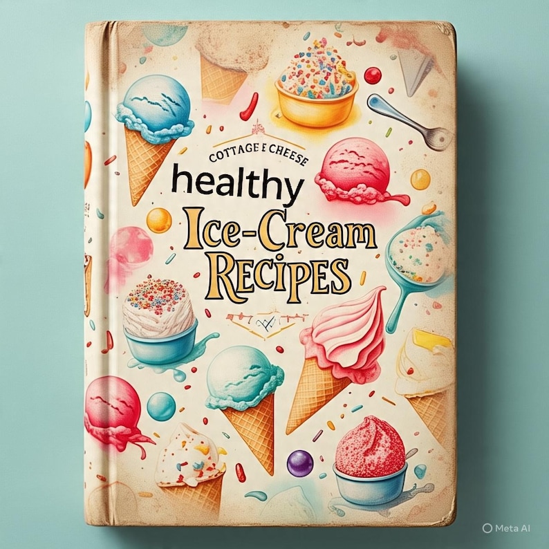 Puede incluir: Un libro de cocina de estilo vintage titulado "healthy Ice-Cream Recipes" con ilustraciones de conos y cuencos de helado. La portada presenta varios sabores de helado en tonos de azul, rosa y blanco, con chispas y un fondo azul claro.
