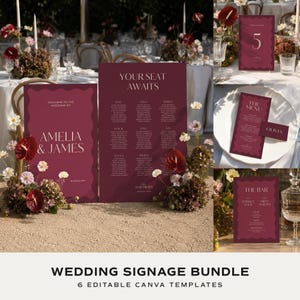 Wedding Signage Bundle, Burgundy Wedding Signs, 6 Editable Canva Templates, Seating Chart, Welcome Sign, Menus & Place Cards