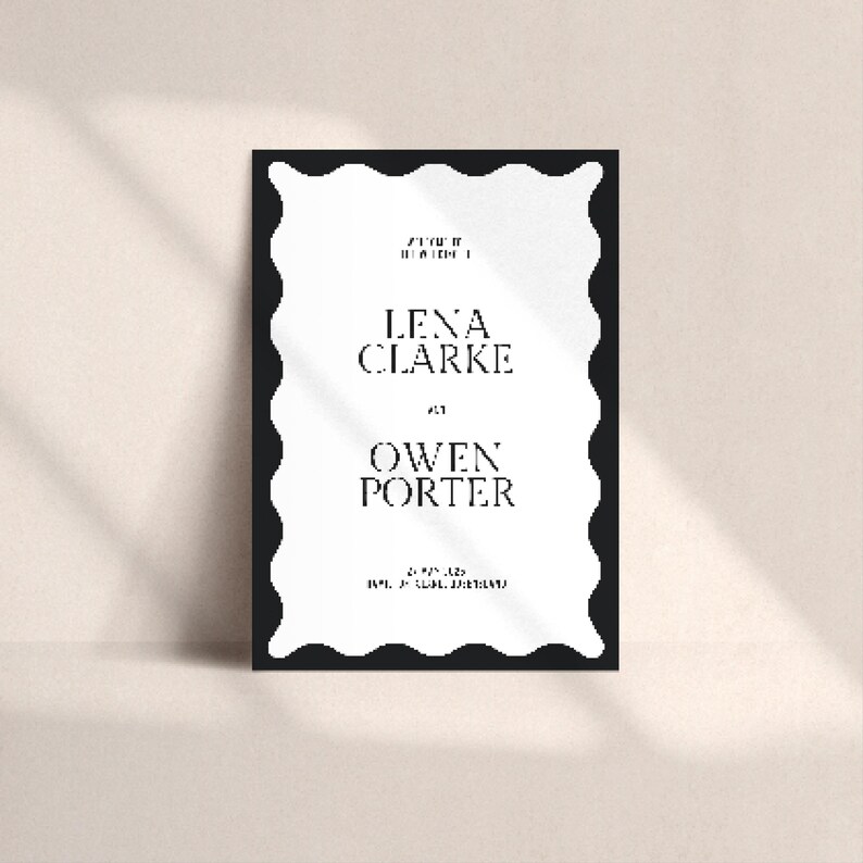 Studio hero with soft shadows highlighting the minimal wavy border welcome sign; monochrome palette; template suited to modern, elegant or minimalist wedding styles; printable straight-edge finish.