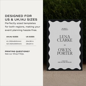 Size chart graphic listing UK/AU A1 & A2 and US 24×36 & 18×24 options, plus hedge mockup of the sign; designed for easy regional printing; editable Canva welcome sign for weddings.