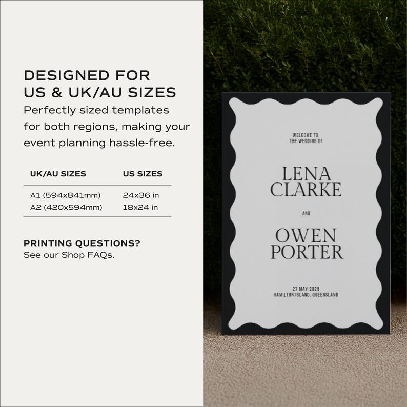 Size chart graphic listing UK/AU A1 & A2 and US 24×36 & 18×24 options, plus hedge mockup of the sign; designed for easy regional printing; editable Canva welcome sign for weddings.