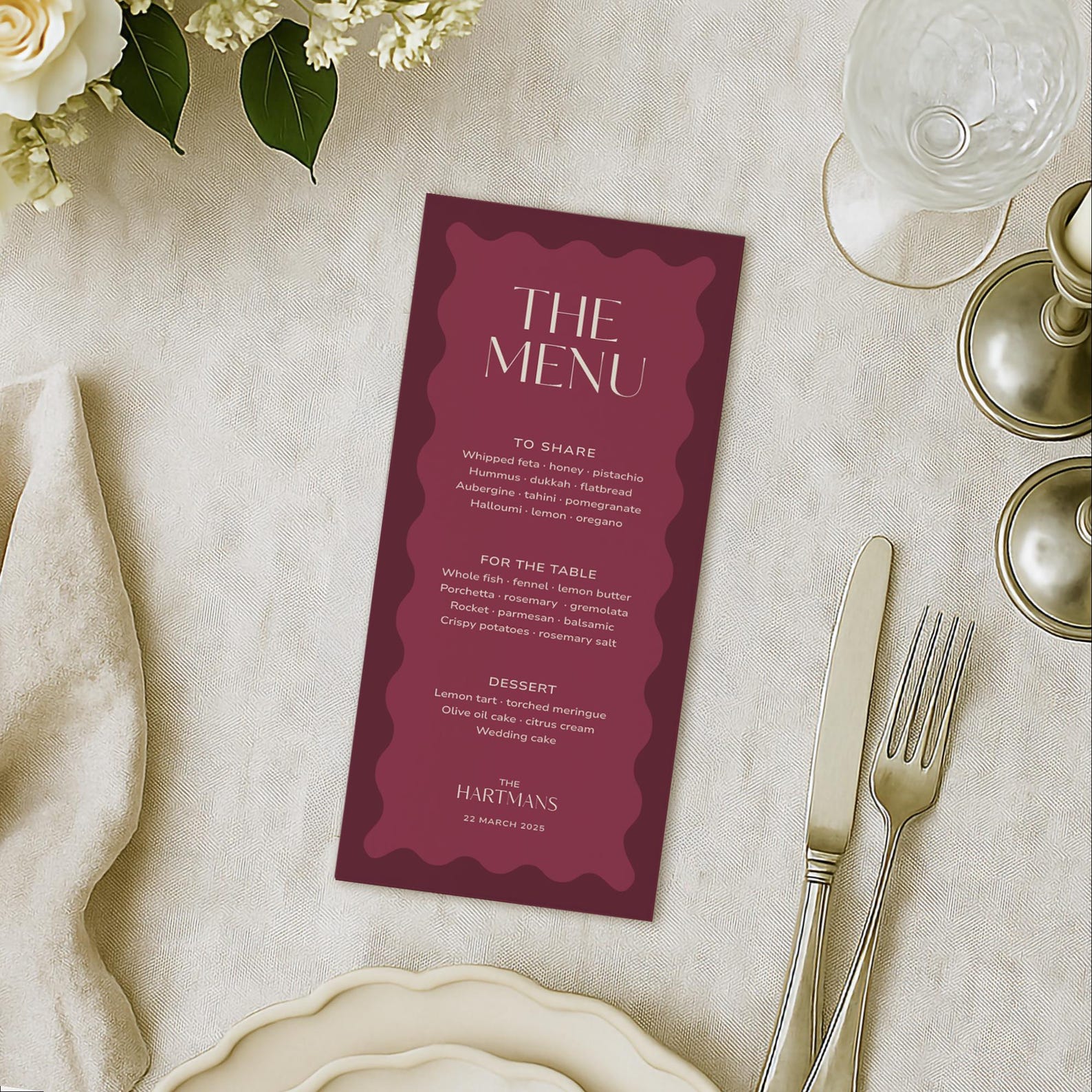 Event Menu Card Example Wedding Menu Template, Burgundy Event Menu Cards, Wavy Border Dinner ...