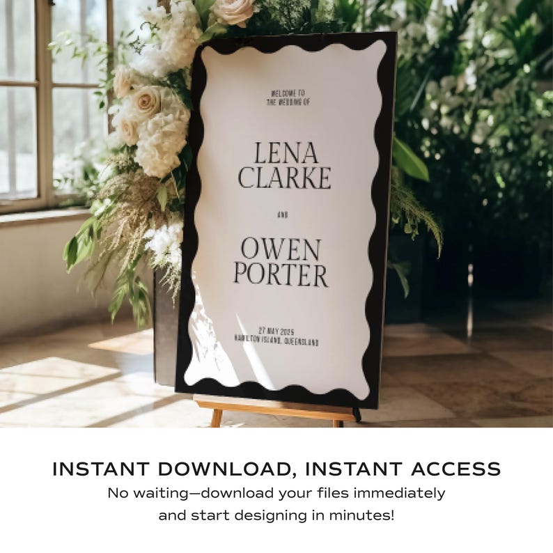 Angled welcome sign on easel beside florals; instant download, instant access; set up in Canva and print locally; stylish black and white sign for contemporary weddings; easy DIY without Canva Pro.
