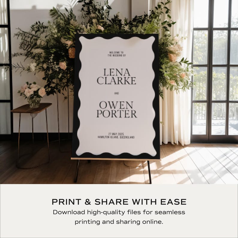 Large welcome board on stand in sunlit venue; black frame with sculpted wavy border; clean, readable layout; print high-quality files and share online; modern wedding sign for A1/A2 or 24×36/18×24 sizes.