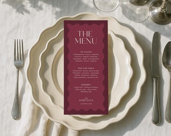 Modello di menu per matrimonio, menu per eventi in bordeaux, menu per cena con bordo ondulato, menu stampabile su Canva, menu per ricevimento moderno