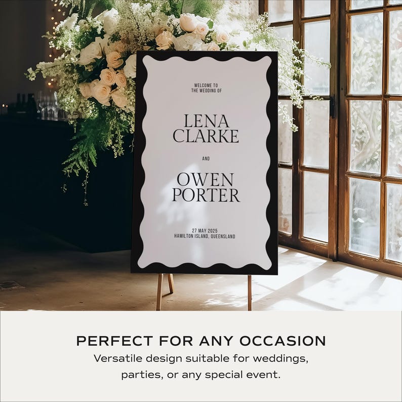 Welcome sign on easel with lush florals by a window; monochrome wavy border and classic fonts; modern wedding welcome board template editable in Canva; perfect for entrances, photo spots and bar areas; instant download printable.