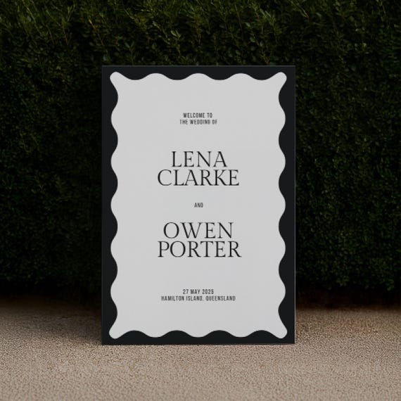 Minimalist Wavy Wedding Welcome Sign: Black & White Printable A1, A2, 24x36, 18x24 (Canva Editable)