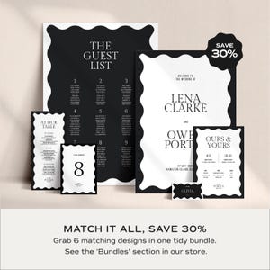 Cross-sell image showing the matching set—seating chart, menus, table number and place card—note to save with the wedding signage bundle; the welcome sign coordinates with the full suite; cohesive monochrome look.