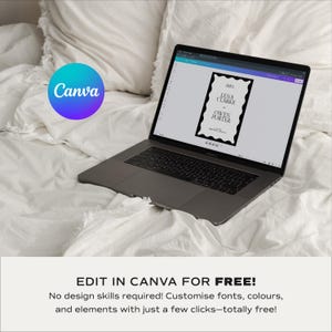 Laptop showing the welcome sign open in Canva; customise names, date and location with free fonts; editable welcome sign template; quick personalisation then export PDF/JPG for printing; no design skills required.