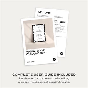 Two-page user guide showing welcome sign resource; step-by-step editing and export tips; includes print guidance and free-font setup; stress-free Canva template for a polished entrance display.