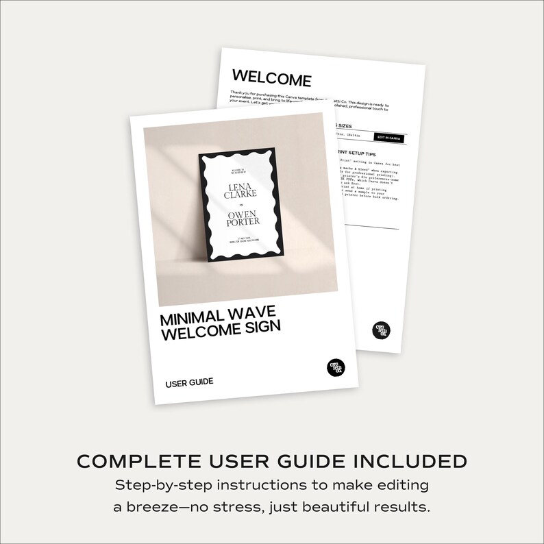 Two-page user guide showing welcome sign resource; step-by-step editing and export tips; includes print guidance and free-font setup; stress-free Canva template for a polished entrance display.