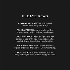 “Please Read” card with key notes: instant digital download, personal-use licence, no physical item; message for support; clarifies that the wavy border is printed and designed for straight-edge trimming.