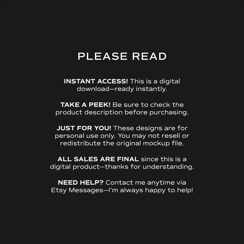 “Please Read” card with key notes: instant digital download, personal-use licence, no physical item; message for support; clarifies that the wavy border is printed and designed for straight-edge trimming.