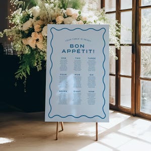Plano de mesas para boda con diseño ondulado azul, letrero moderno para la recepción, plantilla editable de Canva