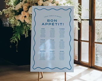 Wavy Wedding Seating Chart Template, Modern Table Seating Plan Sign, Editable Canva Reception Signage Printable A1 A2 24x36 18x24