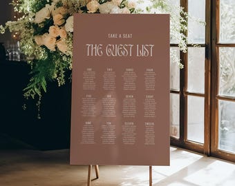Modern Retro Seating Chart Template, Editable Canva, Mocha Mousse Brown, Wedding Seating Chart Sign, Printable PDF JPG, A1 A2 24x36 18x24