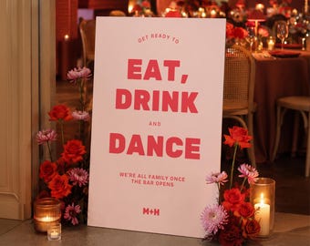 Wedding Reception Sign Template, Retro Pink and Red Editable Canva Reception Party Sign