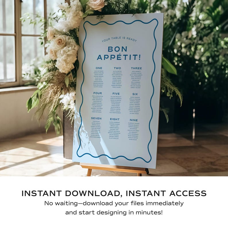 Blue Wavy Wedding Seating Chart, Modern Reception Table Plan Sign ...