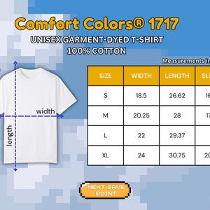 Op de afbeelding: Een wit unisex garment-dyed t-shirt met de tekst "Comfort Colors&reg; 1717" en afmetingen in inches. De breedte van het shirt varieert van 47 tot 61 cm, de lengte van 68 tot 78 cm en de mouw van 41 tot 52 cm.