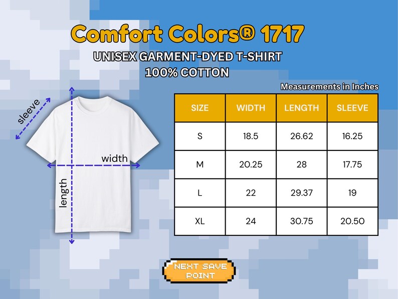 Op de afbeelding: Een wit unisex garment-dyed t-shirt met de tekst "Comfort Colors&reg; 1717" en afmetingen in inches. De breedte van het shirt varieert van 47 tot 61 cm, de lengte van 68 tot 78 cm en de mouw van 41 tot 52 cm.