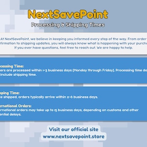 Op de afbeelding: Afbeelding met het NextSavePoint-logo en informatie over verwerkingstijden en verzendtijden. De tekst vermeldt dat bestellingen binnen 1-3 werkdagen worden verwerkt en verzending 2-6 werkdagen duurt. Internationale bestellingen kunnen tot 15 werkdagen duren.