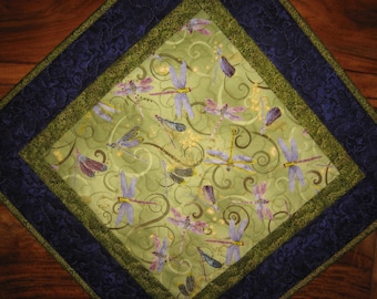 Dragonfly Purple Green Table Topper, Quilted, 100% Cotton Fabrics 19 x 19" Handmade