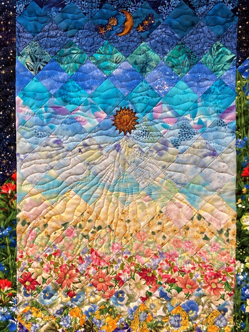 Art Quilt Sunshine Garden Sun Moon Fabric Quilted Wall Etsy