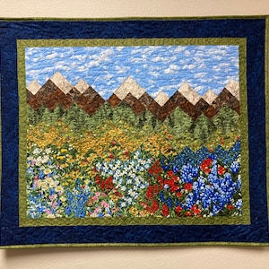 Mountain Flowers Landscape Art Quilt, Scenic Tapestry 30x36" Fabric Wall Hanging Horizontal, Quilted Pink Red Purple Meadow Snowy Pine Trees