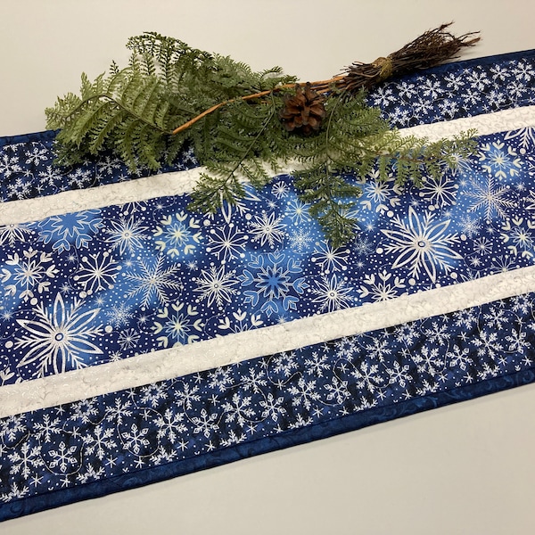 Blue Silver Snowflakes Winter Table Runner Quilted 13x48", Hanukkah Reversible Dining Coffee Table, Holiday Dresser Scarf Long Handmade