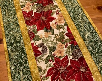 Reversible Fall Quilted 20x20 in Christmas Red Poinsettia and Pine Cones Large Table Topper 