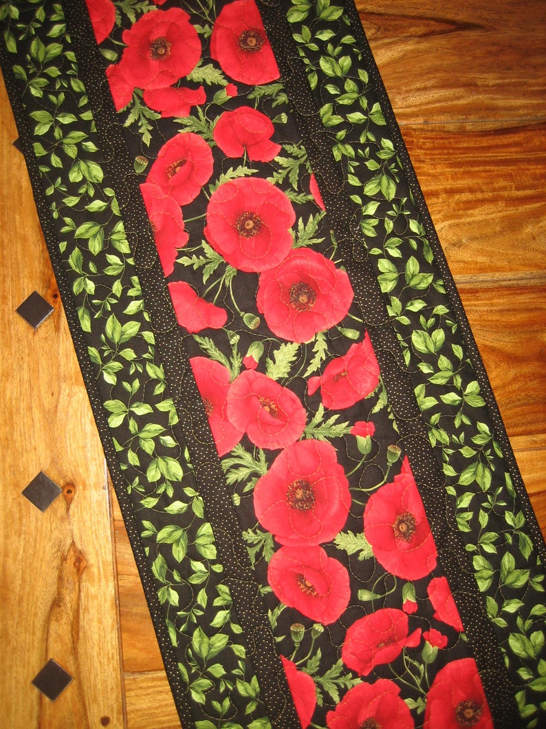 14 x 48 Reversible Large Red Flowers Red Poppies Quilted Table Runner Handmade TahoeQuilts Coffee Dining Table Summer Table Decor