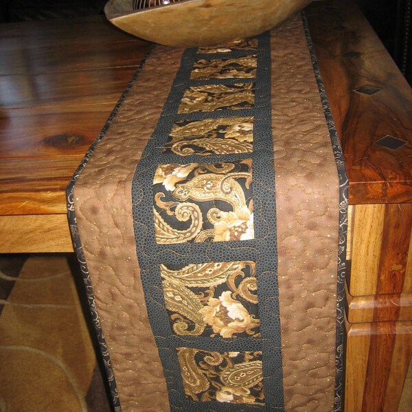 Quilted Table Runner, Black and Gold Paisley