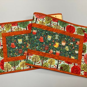 Quilted Table Runner, Owls Foxes and Trees 13x48" Reversible, Woodland Animals Dining Coffee Table, Yellow Green Kids Whimsical Fun Bright