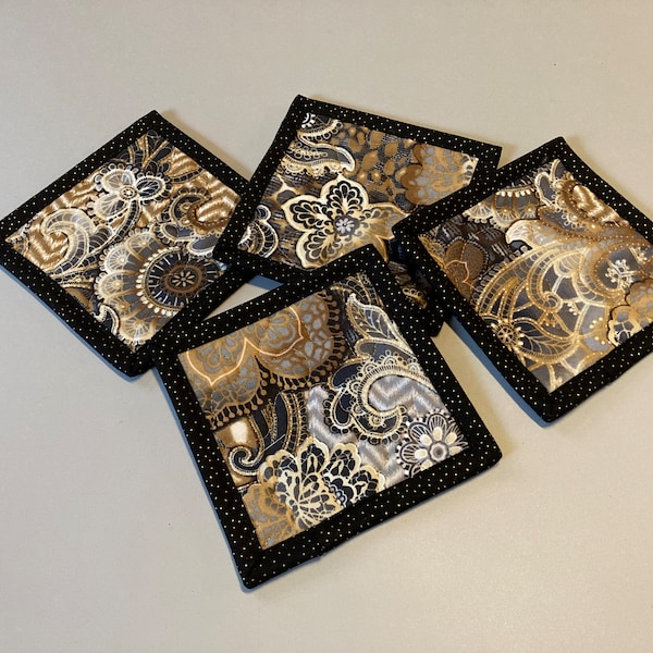 Fabric Coasters for Drinks, Mid Century Modern Black White Beige Paisley, Quilted Washable 5x5" Hot Cold Coffee Tea Snack Mats Mug Rugs Lace