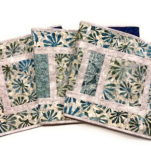 Batik Blue Gray Stone Dining Table Quilted Runner, Modern Minimalist  14x62" Everyday Handmade