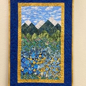 Summer Blue Yellow Meadow Mountain Art Quilt Tapestry, Fabric Wall Hanging, 21x30” Original Artwork, Vertical Forest Meadow Scenic Picture