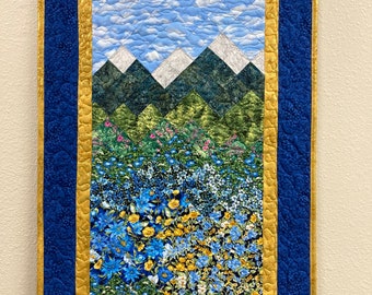 Summer Blue Yellow Meadow Mountain Art Quilt Tapestry, Fabric Wall Hanging, 21x30” Original Artwork, Vertical Forest Meadow Scenic Picture