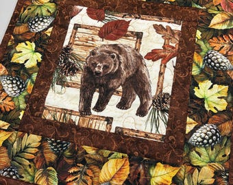 Bear and Pine Cones Rustic Cabin Quilted Table Square Wall Hanging 14x15" Handmade
