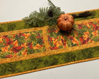 Autumn Fall Leaves Long Quilted Dining Table Runner, Coffee Table, 13x70" Reversible Holiday Winter Pine Cone, Leaf Orange Green Handmade