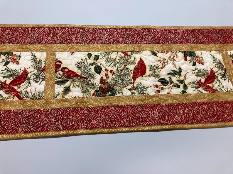 Christmas Red Cardinals Quilted Dining Table Runner, 13x71 Reversible